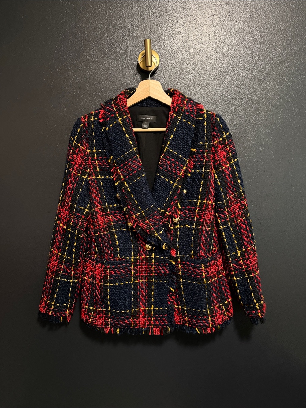 Halogen Double Breasted Shawl Collar Tweed Plaid Blazer - Medium